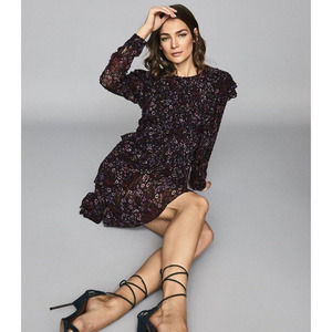 Reiss Floral Long Sleeve Dress - Purple and Black